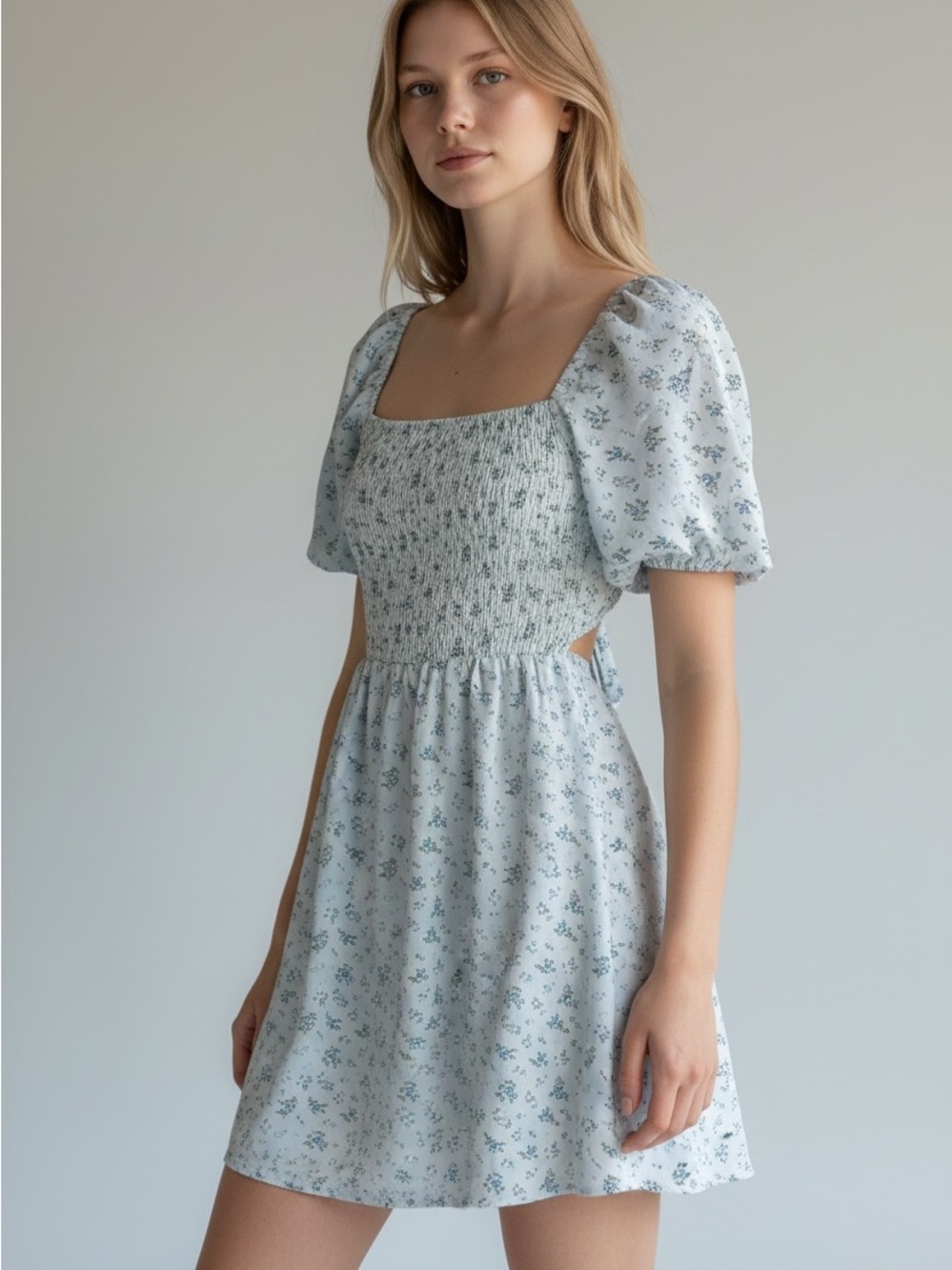 Light Blue Floral Smocked Puff-Sleeve Mini Dress - Picture 1 of 4